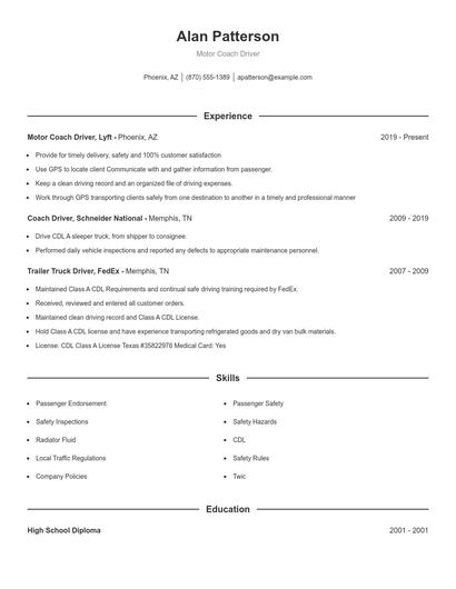 Motor Coach Driver Resume