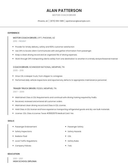 Motor Coach Driver Resume