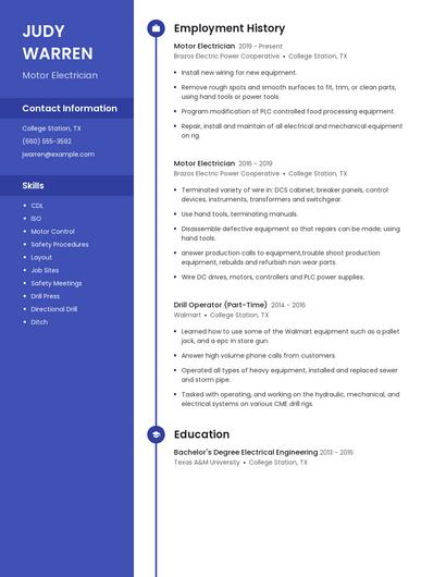Motor Electrician Resume
