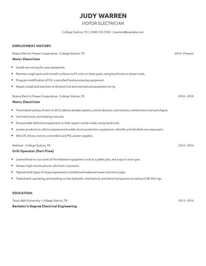 Motor Electrician Resume