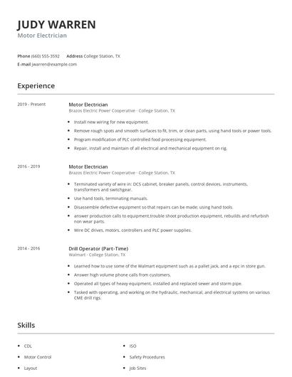 Motor Electrician Resume