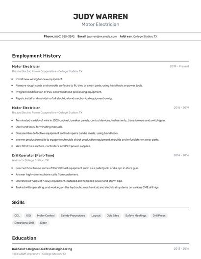 Motor Electrician Resume