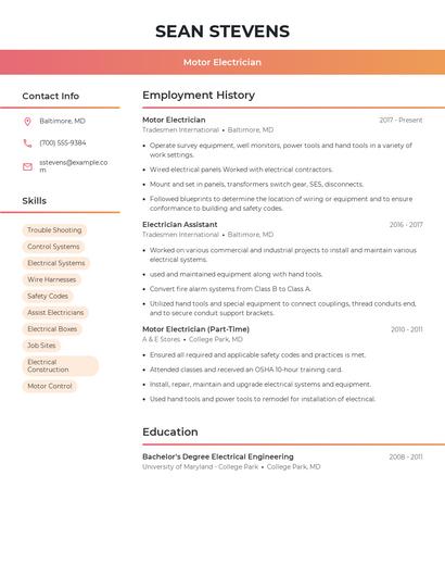 Motor Electrician Resume