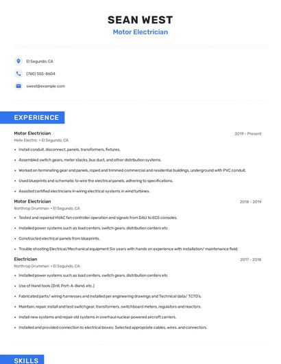Motor Electrician Resume