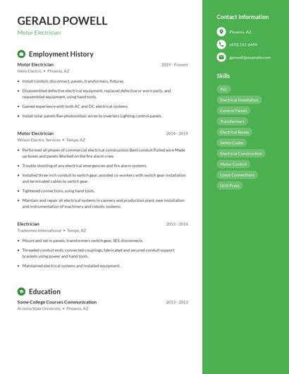 Motor Electrician Resume