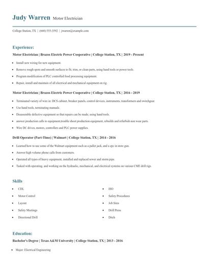Motor Electrician Resume