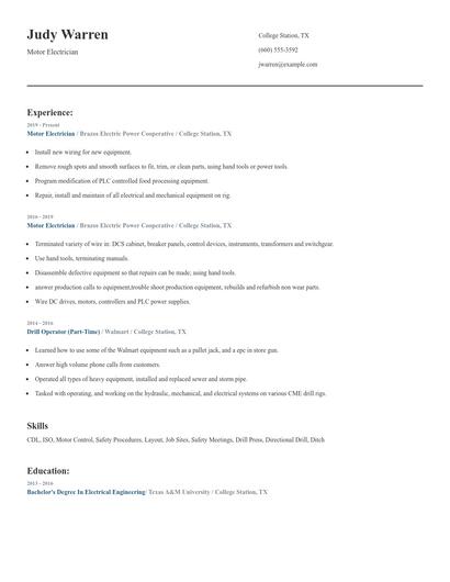 Motor Electrician Resume