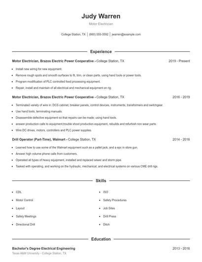 Motor Electrician Resume