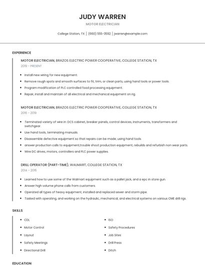 Motor Electrician Resume