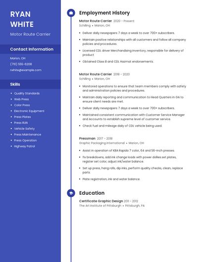 Motor Route Carrier Resume