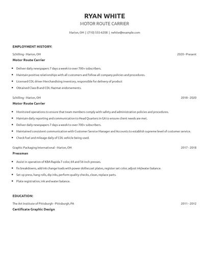 Motor Route Carrier Resume