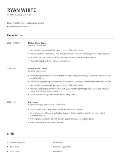 Motor Route Carrier Resume