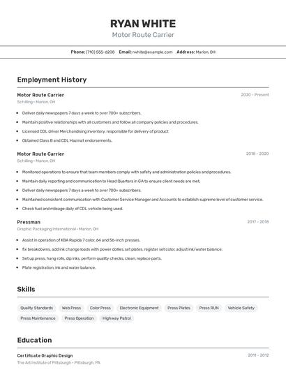 Motor Route Carrier Resume