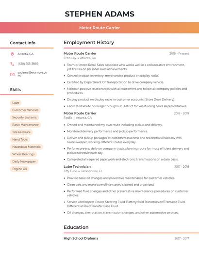 Motor Route Carrier Resume