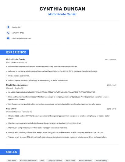 Motor Route Carrier Resume