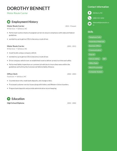 Motor Route Carrier Resume