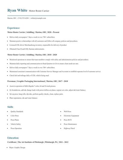 Motor Route Carrier Resume