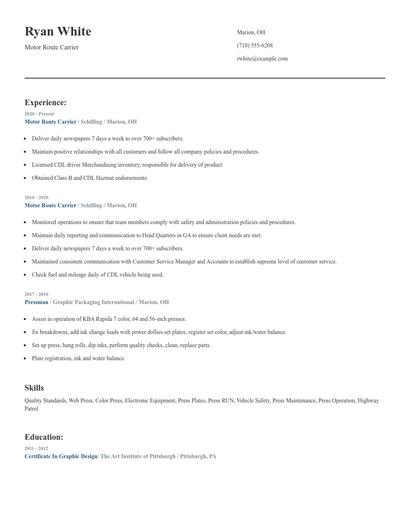 Motor Route Carrier Resume