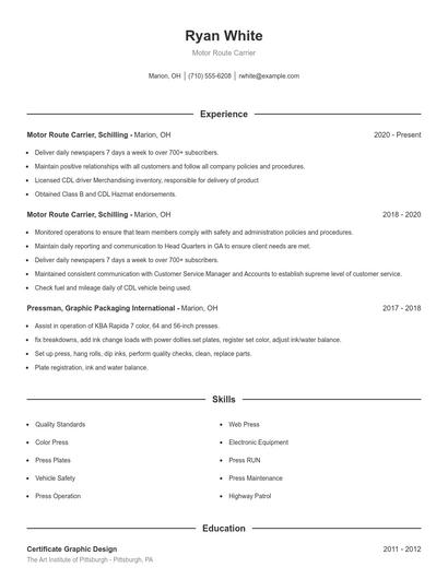 Motor Route Carrier Resume