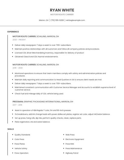 Motor Route Carrier Resume