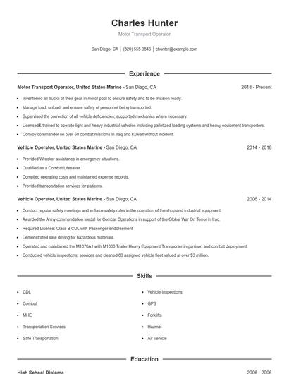 Motor Transport Operator Resume