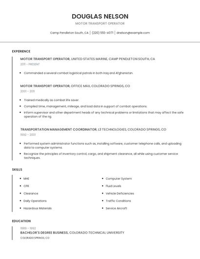 Motor Transport Operator Resume
