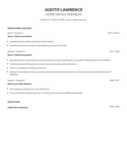 Motor Vehicle Assembler Resume