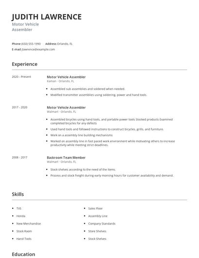 Motor Vehicle Assembler Resume