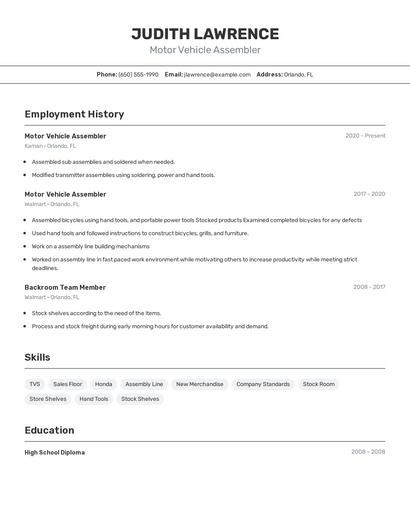 Motor Vehicle Assembler Resume