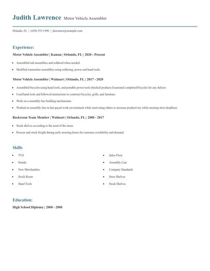 Motor Vehicle Assembler Resume