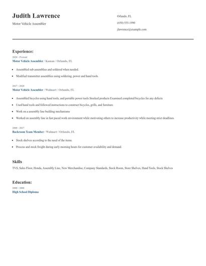 Motor Vehicle Assembler Resume