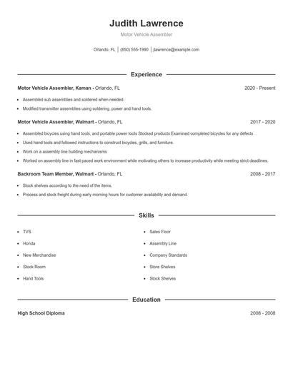 Motor Vehicle Assembler Resume