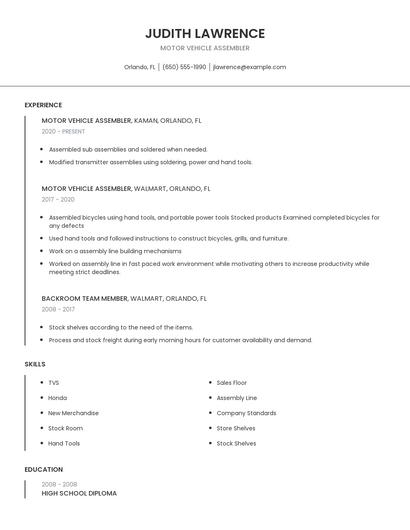 Motor Vehicle Assembler Resume