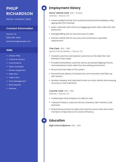 Motor Vehicle Clerk Resume