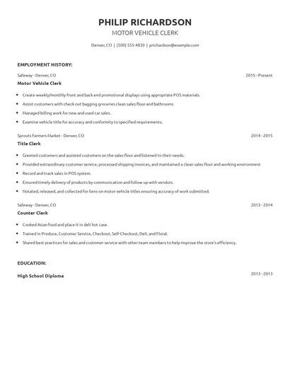 Motor Vehicle Clerk Resume