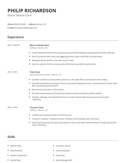 Motor Vehicle Clerk Resume