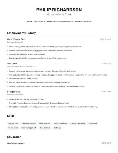 Motor Vehicle Clerk Resume