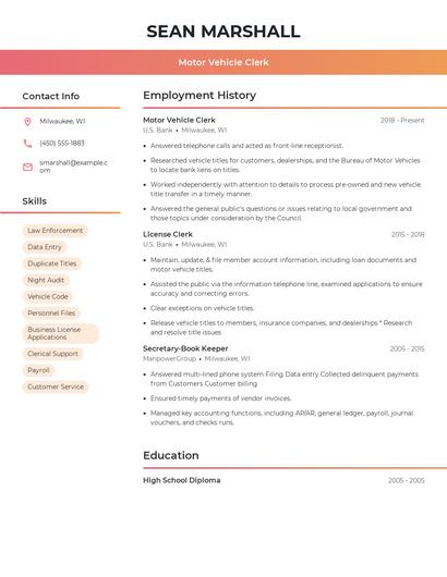 Motor Vehicle Clerk Resume