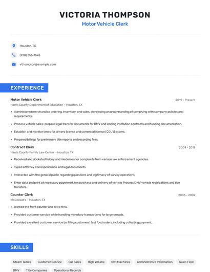 Motor Vehicle Clerk Resume