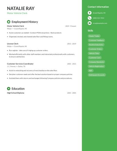 Motor Vehicle Clerk Resume