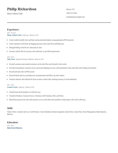 Motor Vehicle Clerk Resume