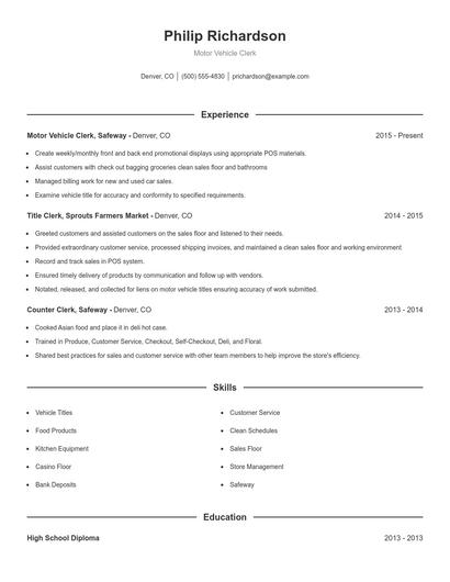 Motor Vehicle Clerk Resume