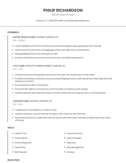 Motor Vehicle Clerk Resume