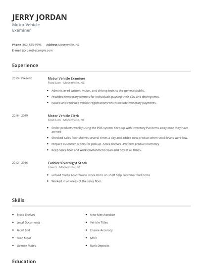 Motor Vehicle Examiner Resume