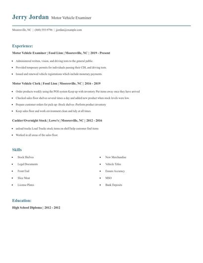 Motor Vehicle Examiner Resume
