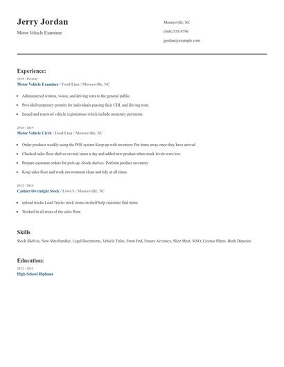 Motor Vehicle Examiner Resume