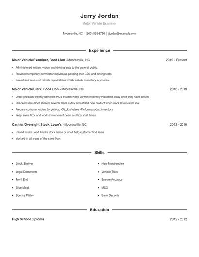 Motor Vehicle Examiner Resume