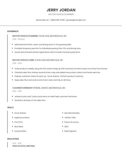 Motor Vehicle Examiner Resume