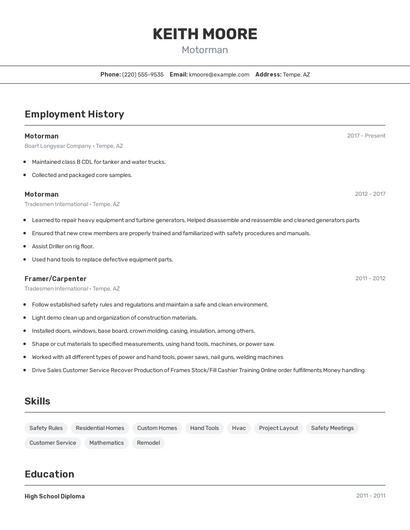 Motorman Resume