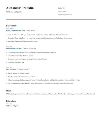 Mottle Lay Up Operator Resume
